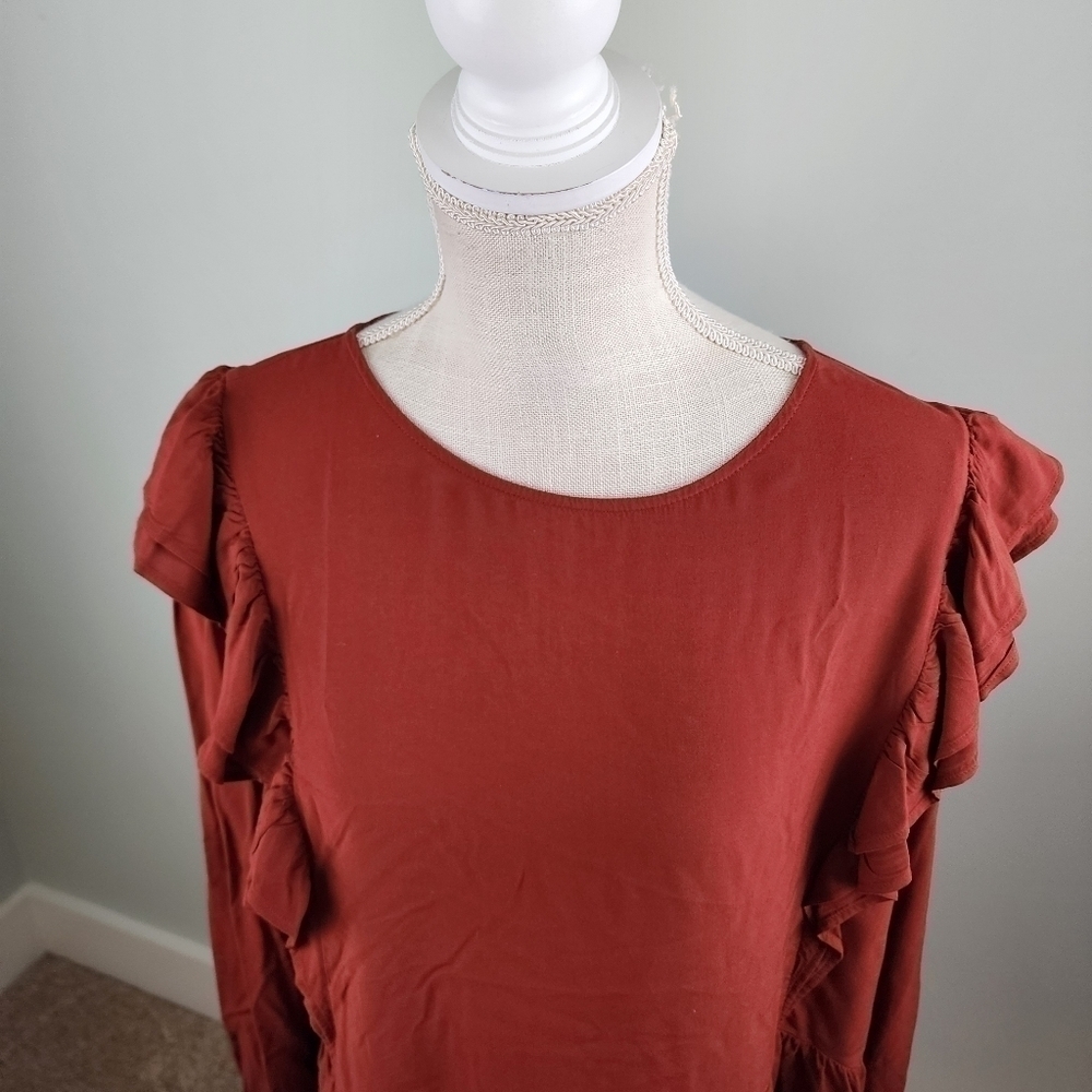 Loft Maroon Ruffle Boho Fall Rayon Top Long Sleeve Size Large - Picture 3 of 12